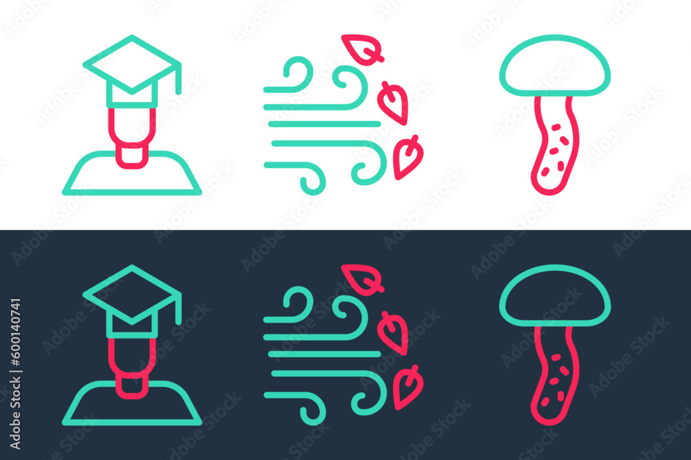 Set line Mushroom, Graduate and graduation cap and Windy weather icon. Vector Set line Mushroom, Graduate and graduation cap and Windy weather icon. Vector