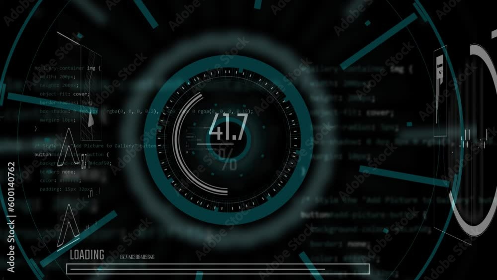 animation of classic virtual hud interface graphic information analysing percentage loading system on black scifi modern background