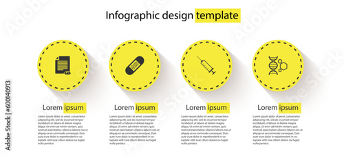 Set Paper page with eye, Bandage plaster, Syringe and Genetic engineering. Business infographic template. Vector