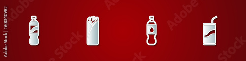 Set Bottle of water, Burrito, and Soda can with drinking straw icon. Vector