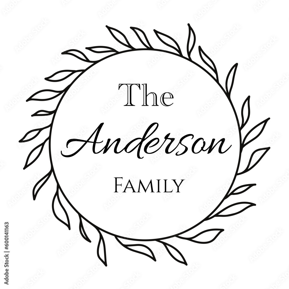 Family name monogram, monogram the family welcome home sign, wedding minimalistic floral ornament wreath, border frame or greeting card invitation with eucalyptus arrangement 