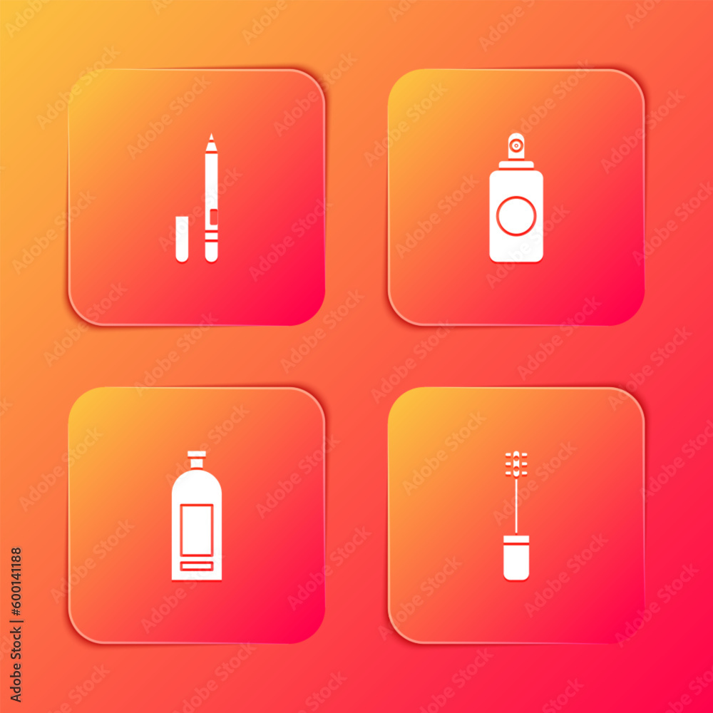 Set Eyeliner, eyebrow, Spray can, Bottle of shampoo and Mascara brush icon. Vector Set Eyeliner, eyebrow, Spray can, Bottle of shampoo and Mascara brush icon. Vector