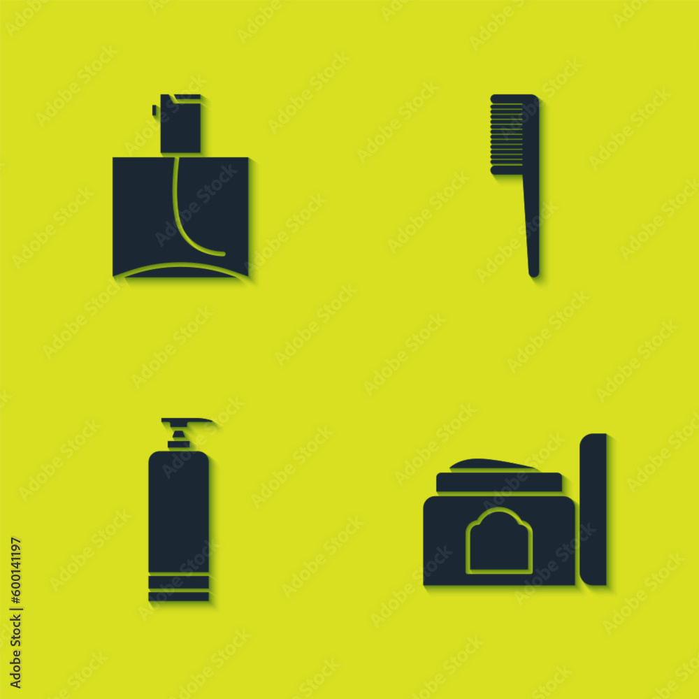 Set Perfume, Cream cosmetic tube, and Hairbrush icon. Vector Set Perfume, Cream cosmetic tube, and Hairbrush icon. Vector