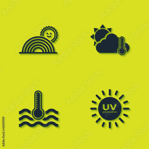 Set Rainbow with sun, UV protection, Water thermometer and Thermometer and cloud, icon. Vector