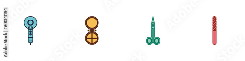 Set Hair dryer, Makeup powder with mirror, Scissors and Nail file icon. Vector