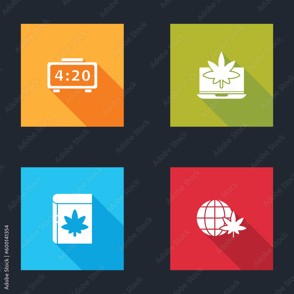 Set Digital alarm clock, Laptop and marijuana or cannabis, Book and Legalize globe icon. Vector