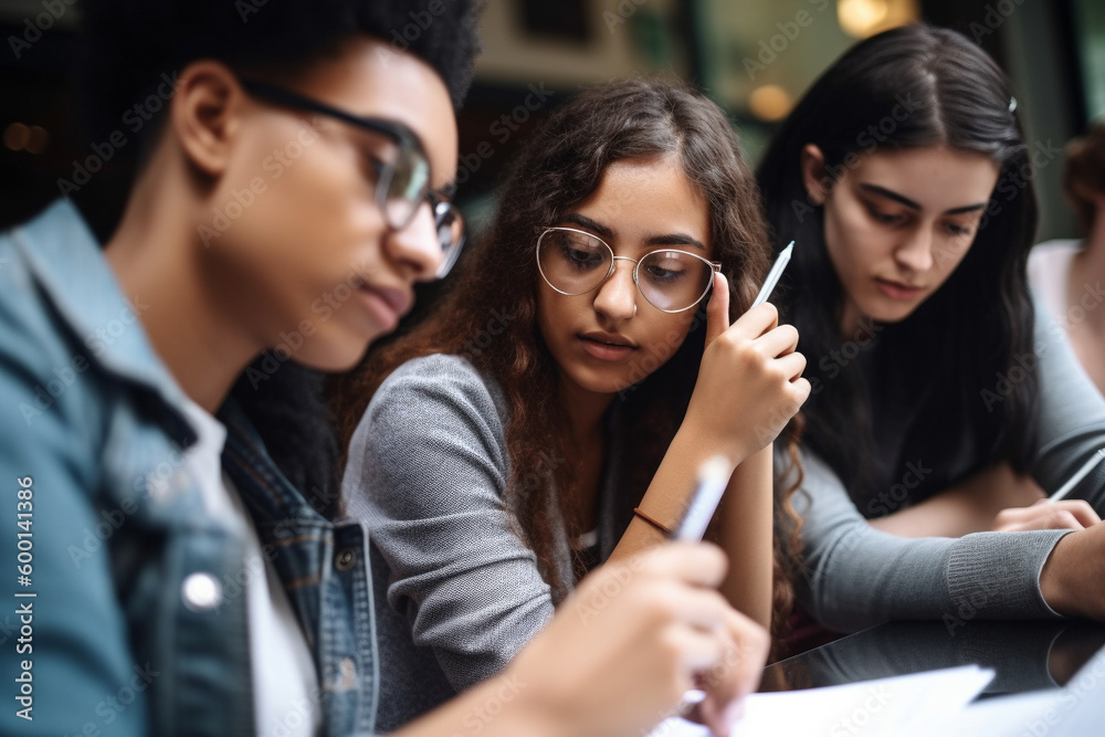 A group of different ethnicity students working and studying toghether in a modern classroom. Generative AI A group of different ethnicity students working and studying toghether in a modern classroom. Generative AI