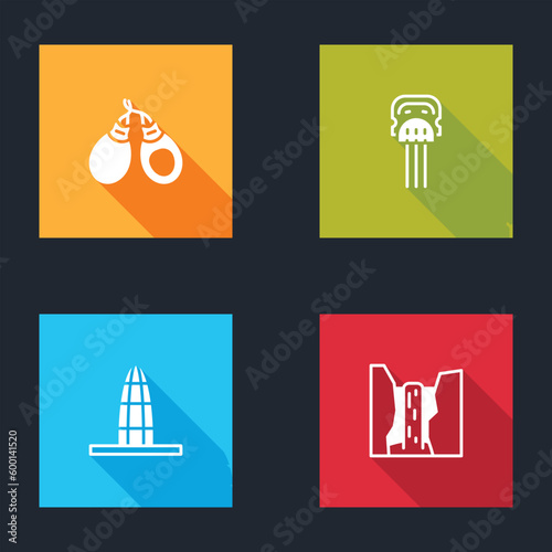Set Castanets, Peineta, Agbar tower and Algar waterfall icon. Vector