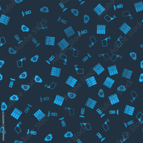 Set Stereo speaker, Music playlist, Movie spotlight and streaming service on seamless pattern. Vector