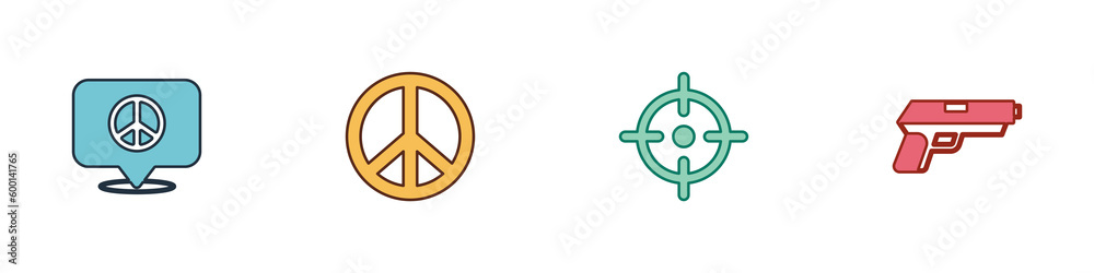 Set Location peace, Peace, Target sport and Pistol gun icon. Vector Set Location peace, Peace, Target sport and Pistol gun icon. Vector