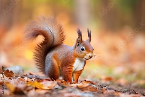 The Eurasian red squirrel  Sciurus vulgaris  in its natural habitat in the autumn forest