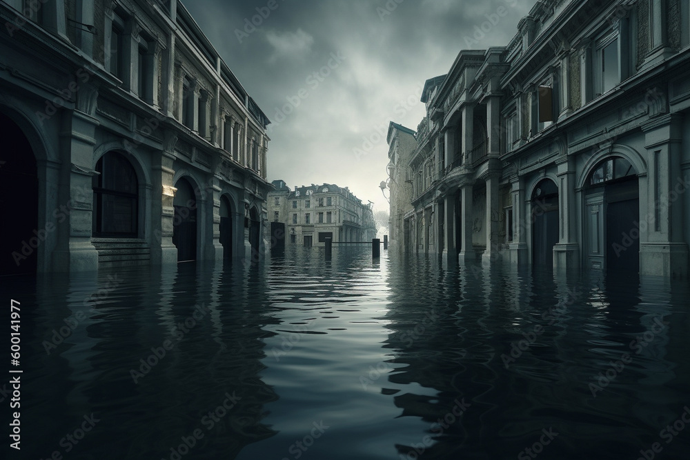Naklejka premium A flooded city - global warming conceptual illustration. Generative AI