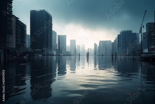 A flooded city - global warming conceptual illustration. Generative AI