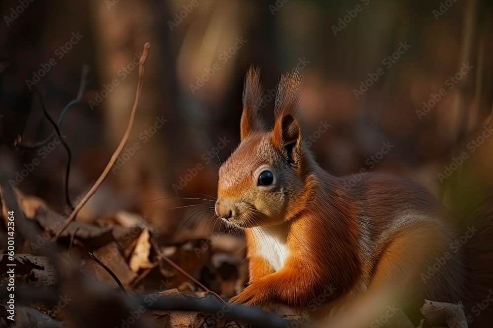 Fototapeta premium The Eurasian red squirrel (Sciurus vulgaris) in its natural habitat in the autumn forest