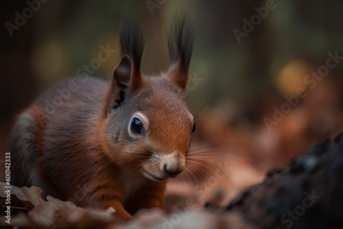 The Eurasian red squirrel  Sciurus vulgaris  in its natural habitat in the autumn forest