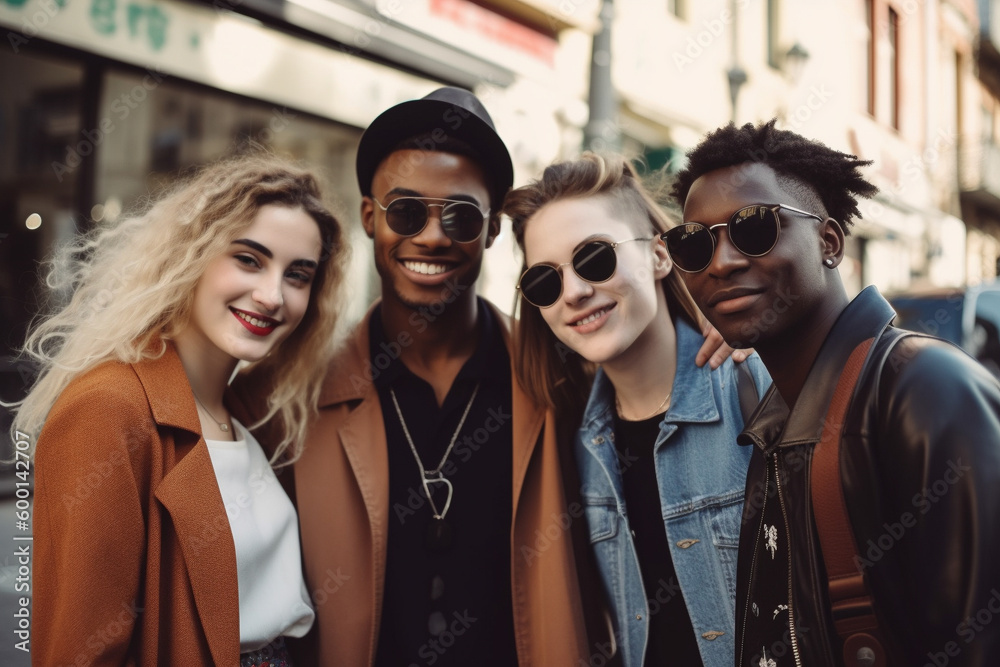 A group of happy young friends of different races hanging out together in the city and smiling. Generative AI