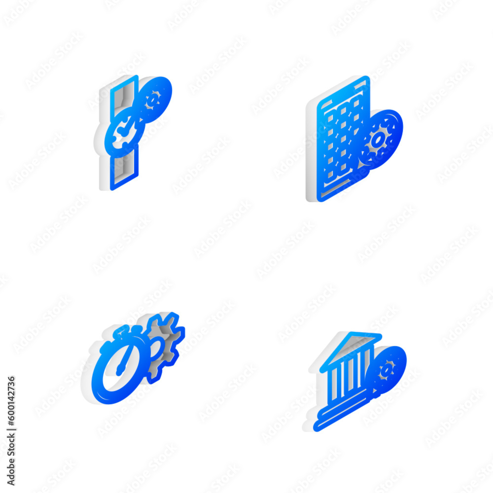 Set Isometric line Mobile Apps setting, Wrist watch, Time management and Bank building icon. Vector Set Isometric line Mobile Apps setting, Wrist watch, Time management and Bank building icon. Vector