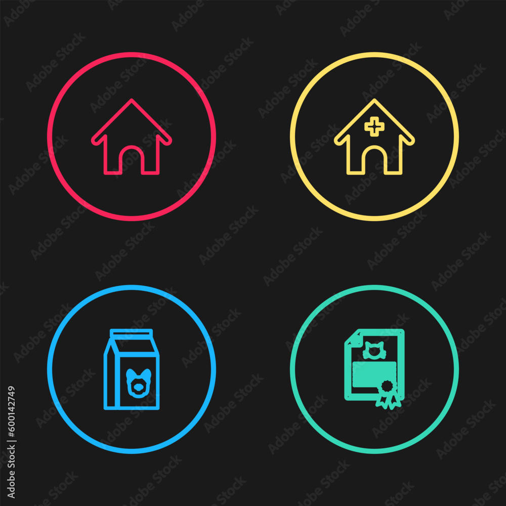 Set line Bag of food for dog, Certificate cat, Veterinary medicine hospital and Dog house icon. Vector Set line Bag of food for dog, Certificate cat, Veterinary medicine hospital and Dog house icon. Vector