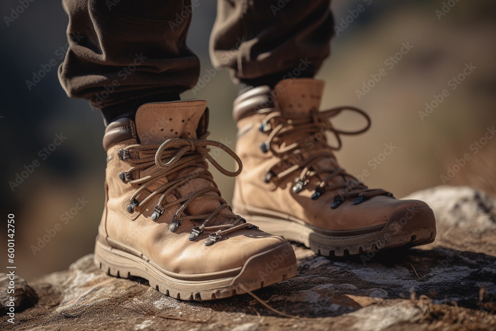 Hiker boots detail over a mountain scenery background. Generative AI