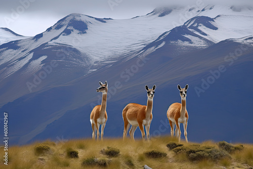 Three guanacoes in Torres del Paine national park