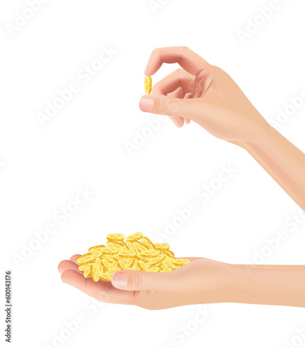Woman with dietary supplements and vitamin supplements as yellow capsules with white background color. health care with 3D illustration elements.