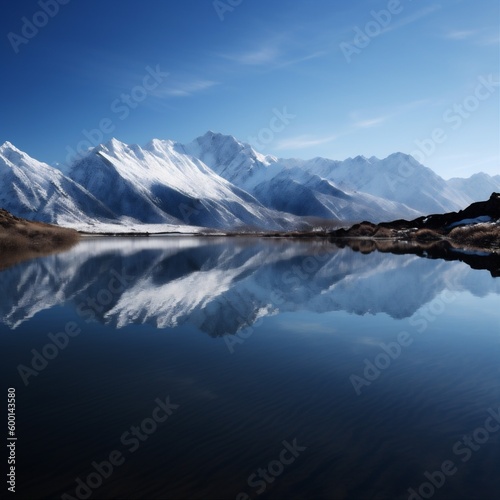 water travel mountain snow lake nature landscape rock reflection scenery. Generative AI.