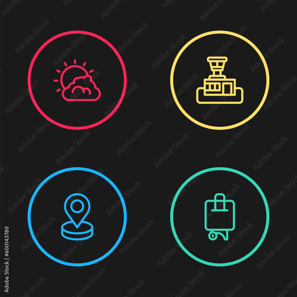 Set line Location, Suitcase, Airport control tower and Sun and cloud weather icon. Vector Set line Location, Suitcase, Airport control tower and Sun and cloud weather icon. Vector