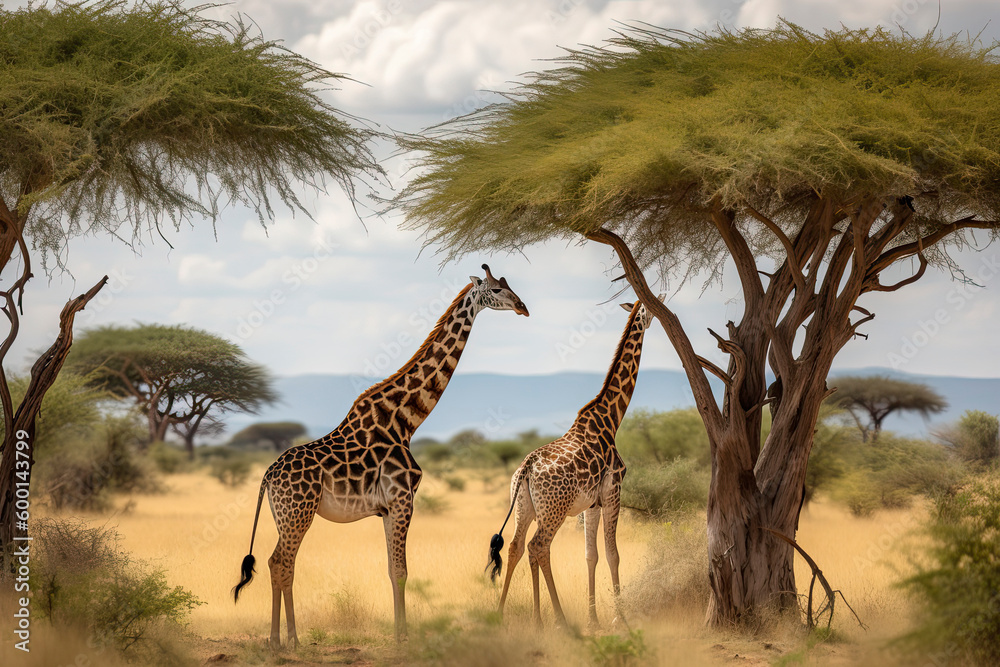 Obraz premium Two Maasai giraffe, male and female, grazing from an acacia tree in the Masai Mara, Kenya.