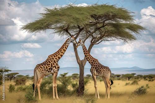 Two Maasai giraffe  male and female  grazing from an acacia tree in the Masai Mara  Kenya.