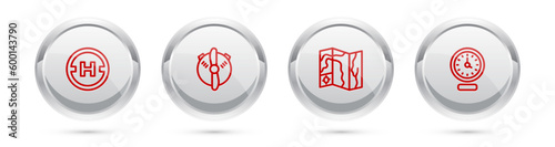 Set line Helicopter landing pad, Plane propeller, World travel map and Clock. Silver circle button. Vector