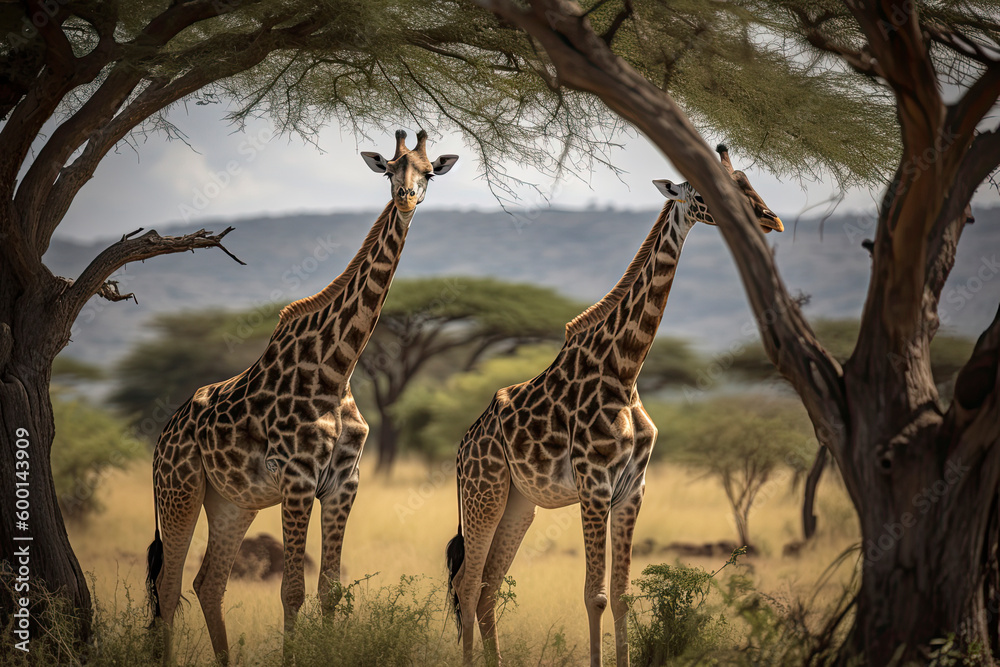 Obraz premium Two Maasai giraffe, male and female, grazing from an acacia tree in the Masai Mara, Kenya.