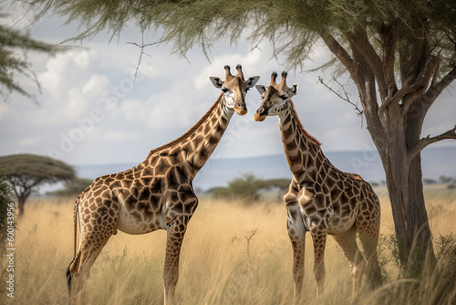 Two Maasai giraffe  male and female  grazing from an acacia tree in the Masai Mara  Kenya.