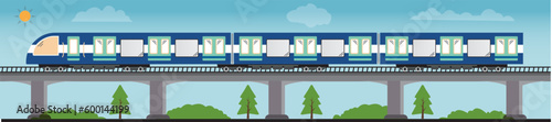Bullet Train moving on the bridge, Monorail railway, Sky Train, Mono rail with magnet levitation technology, Metro train flyover style illustration. 