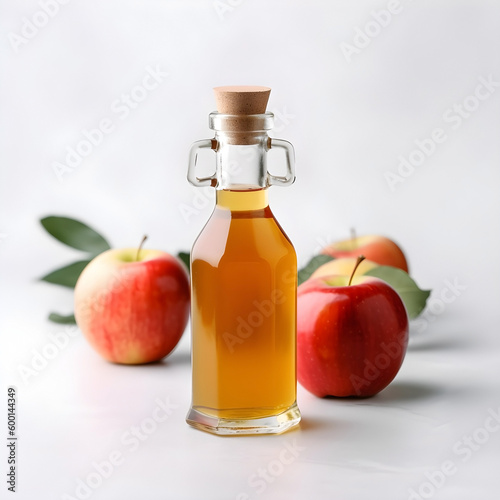 Bottle apple cider vinegar and fresh apples in white backgrounds. AI Generative