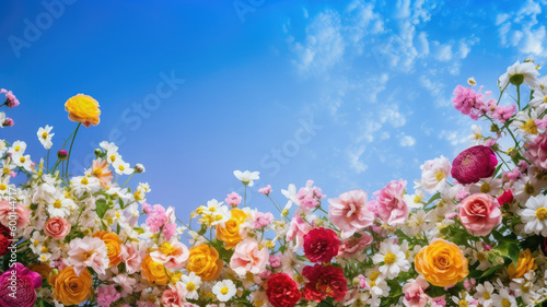Summer Yellow Sunflowers  daisy flowers and knapweeds flowers Border surrounding on a blue Cloud sky  Highlighting the Soft and Selective Elements of Flower Border Art. Generative ai