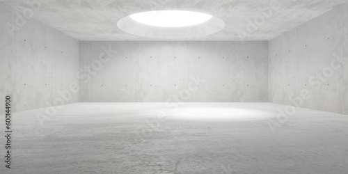 Abstract empty, modern concrete room with round bevel opening in the ceiling and rough floor - industrial interior background template
