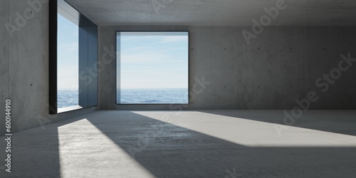 Abstract large  empty  modern concrete room with large corner windows with ocean view and rough floor - industrial interior background template