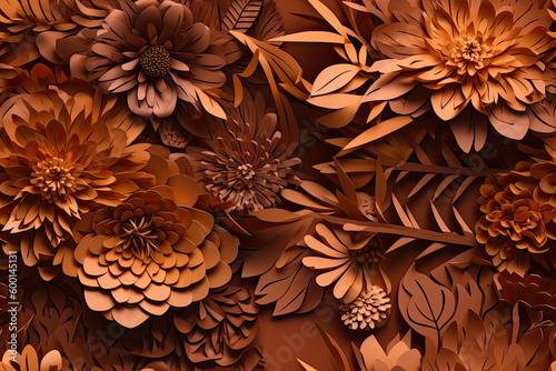 Burnt Orange 3D Floral Seamless Paper Patterns - Generative AI