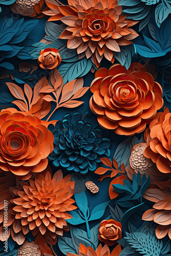 Orange & Blue 3D Floral Seamless Paper Patterns - Generative AI
