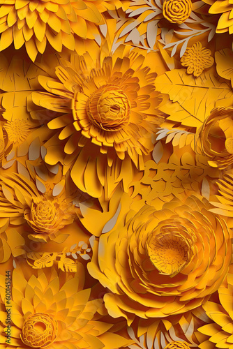 Vibrant Yellow 3D Floral Seamless Paper Patterns for a Refreshing Look- Generative AI