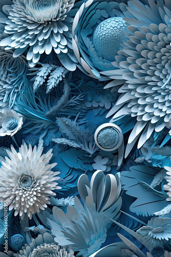 Sky Blue 3D Floral Seamless Paper Patterns - Generative AI