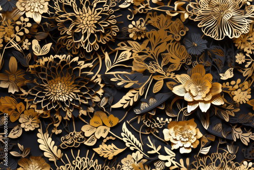 Gold & Black 3D Floral Seamless Paper Patterns - Generative AI