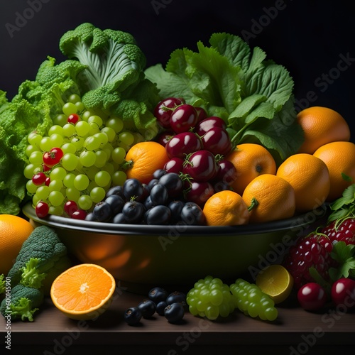 A vibrant and colorful assortment of fresh fruits and vegetables  symbolizing the arrival of spring and the agricultural significance of Passover. The produce includes juicy oranges  br  Generative AI