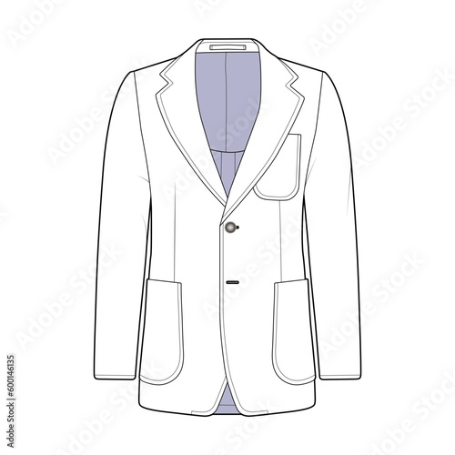 Jacket front view fashion flat sketch for Tech Pack. Official look blazer, classic suit, CAD drawing, black and white, vector graphics for garment production apparel brand, menswear