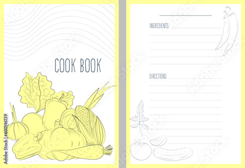 template for recipe book with hand drawn illustrations of vegetables