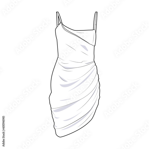 Evening dress front view fashion flat sketch for Tech Pack. Mini skirt, CAD drawing, black and white, vector graphics for garment production apparel brand, womenswear