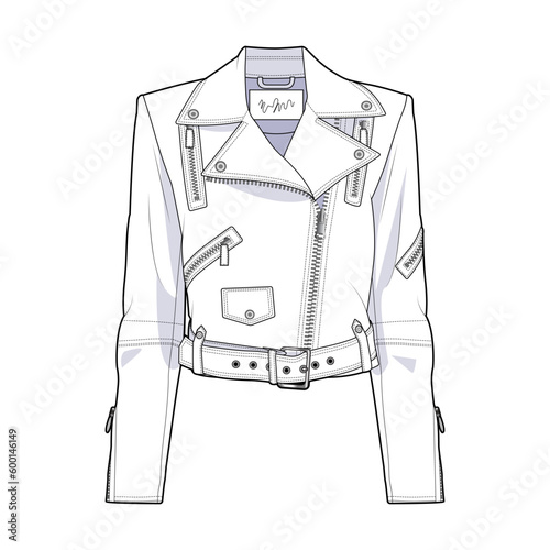 Leather jacket front view fashion flat sketch for Tech Pack. Belt, pockets with zippers, CAD drawing, black and white, vector graphics for garment production apparel brand, womenswear