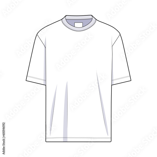 T-shirt front view fashion flat sketch for Tech Pack. Basic top for men and women and children, CAD drawing, black and white, vector graphics for garment production apparel brand, unisex, oversized