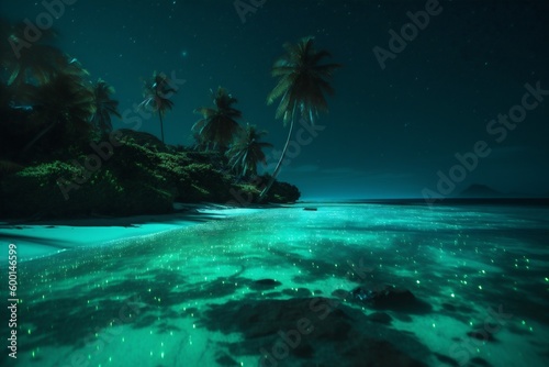 tropical tree night ocean palm blue sky luminous paradise vacation beach. Generative AI.