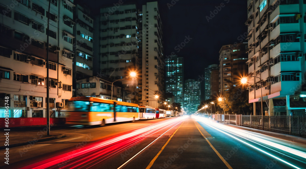 hong kong light trail of vehicles in an urban area